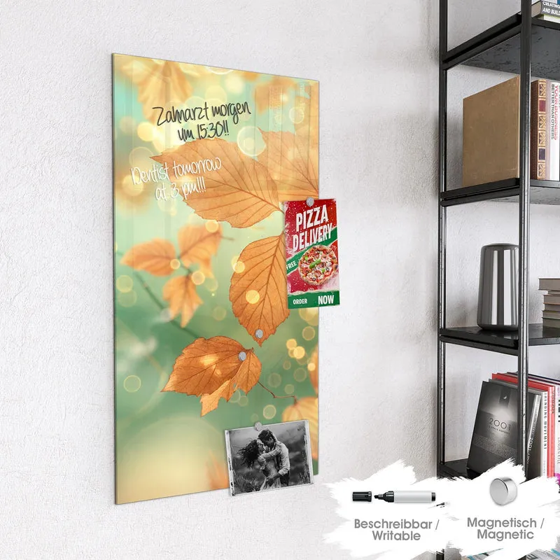 Glas Magnettafel - Blätter vor Türkis