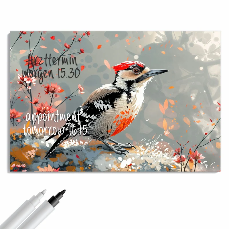 Metall Magnettafel - Specht zwischen Blumen