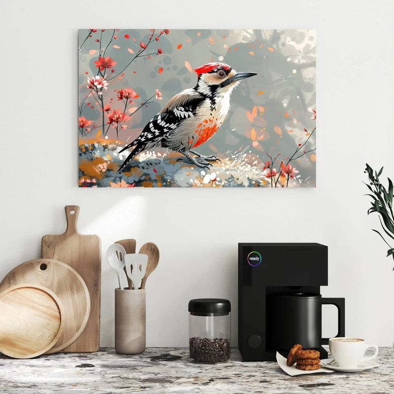 Metall Magnettafel - Specht zwischen Blumen