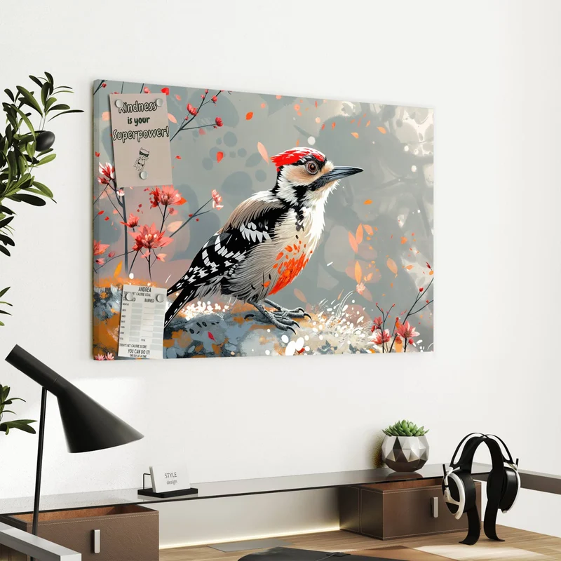Metall Magnettafel - Specht zwischen Blumen