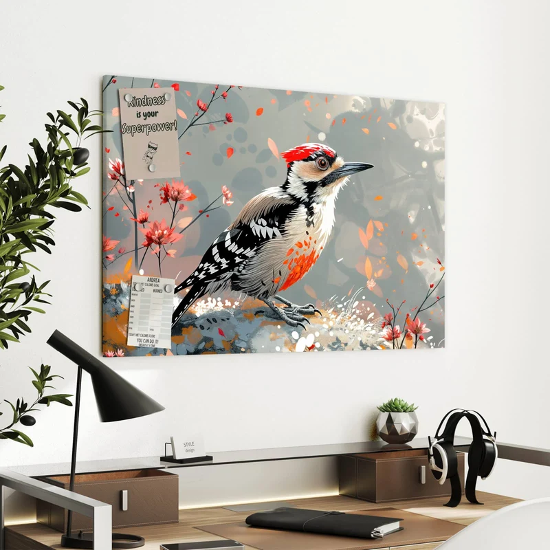 Metall Magnettafel - Specht zwischen Blumen