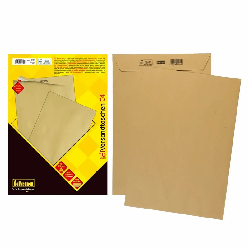 Idena Versandtaschen DIN C4 braun ohne Fenster haftklebend 90g/m² - 10 Stück