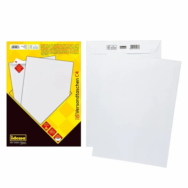 Idena Versandtaschen DIN C4 ohne Fenster haftklebend weiß 100g/m² - 10 Stück