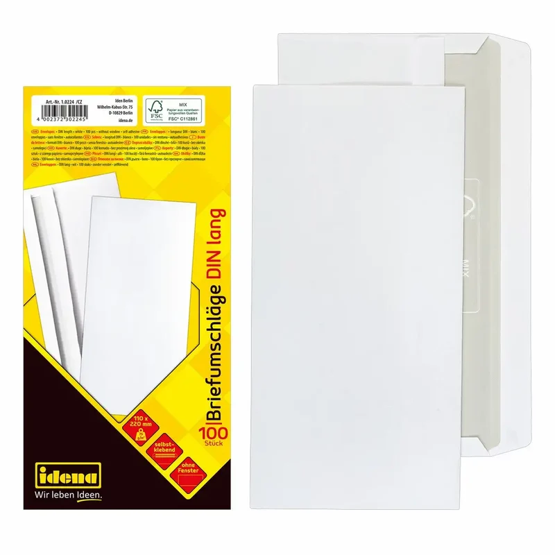 Idena Briefumschläge DIN lang weiß selbstklebend ohne Fenster 75g/m² - 100 Stück