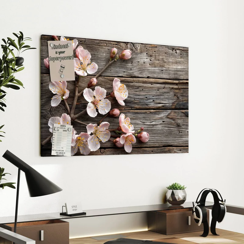 Metall Magnettafel - Blüten auf Grauholz