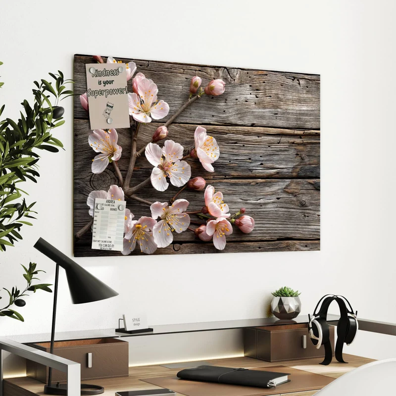Metall Magnettafel - Blüten auf Grauholz