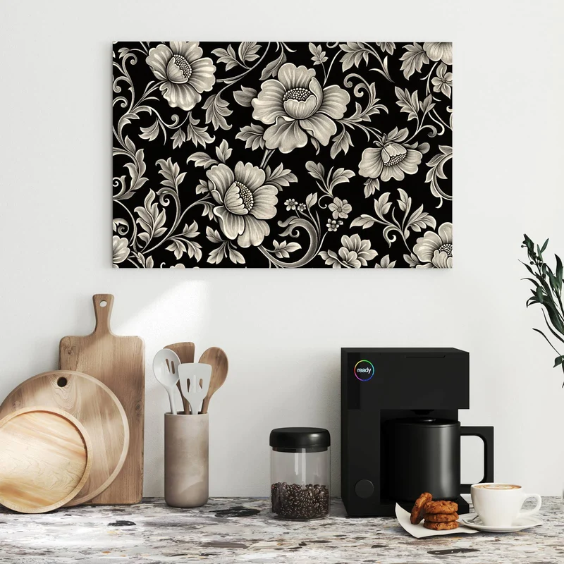 Metall Magnettafel - Blüten auf Schwarz