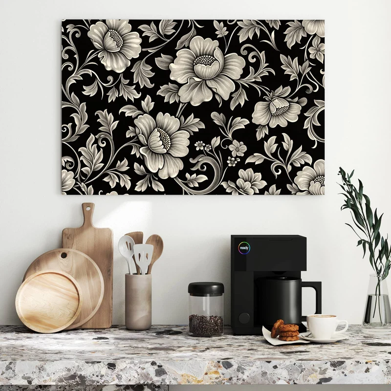 Metall Magnettafel - Blüten auf Schwarz