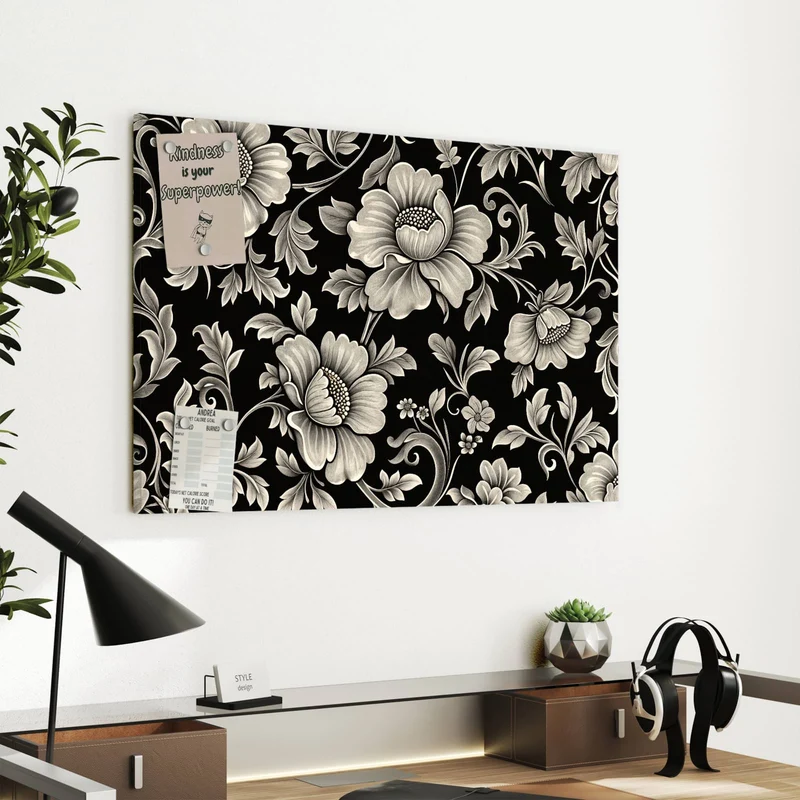 Metall Magnettafel - Blüten auf Schwarz