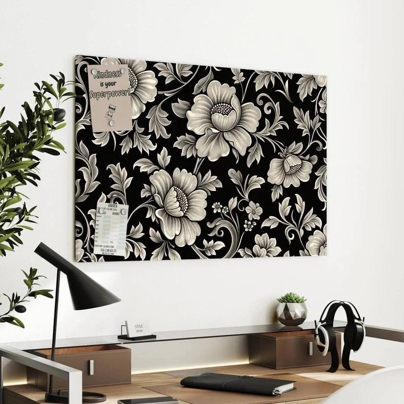 Metall Magnettafel - Blüten auf Schwarz