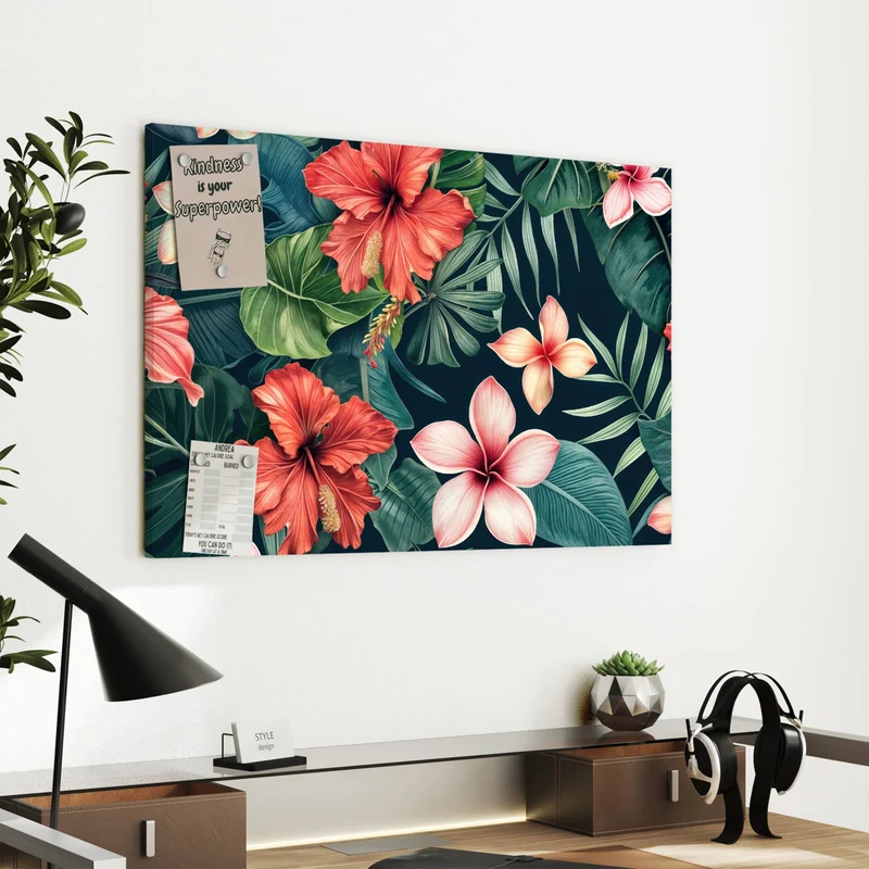 Metall Magnettafel - Hibiskus auf Dunkelgrün