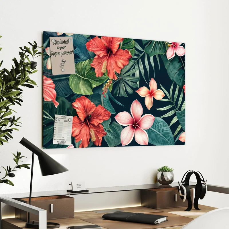 Metall Magnettafel - Hibiskus auf Dunkelgrün
