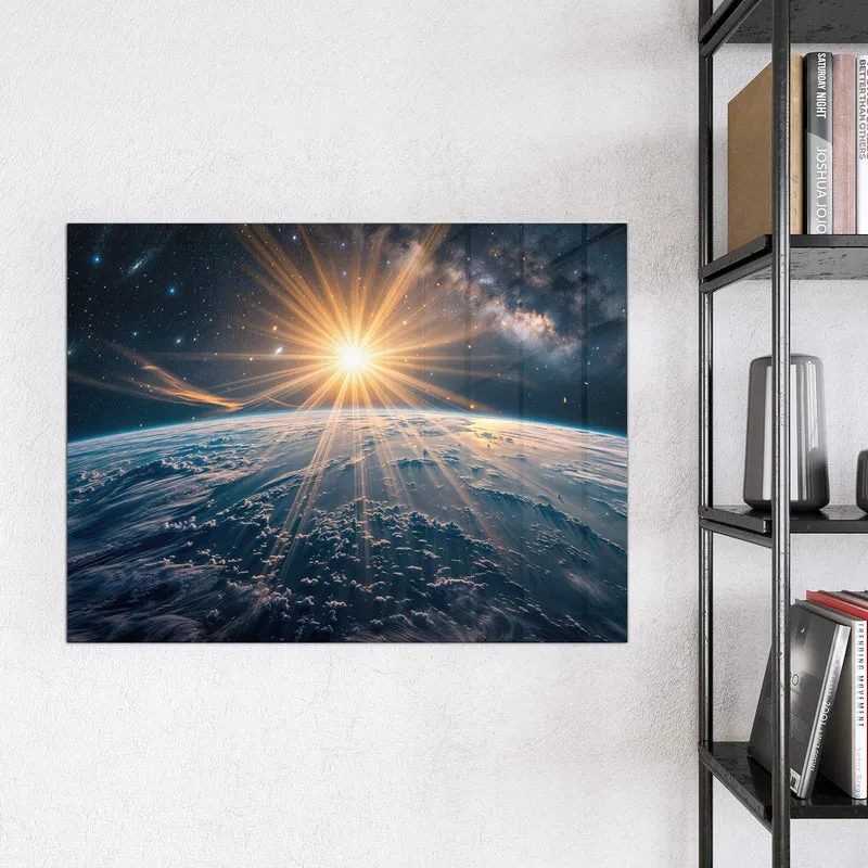 Glas Magnettafel - Sonne über blauer Erde