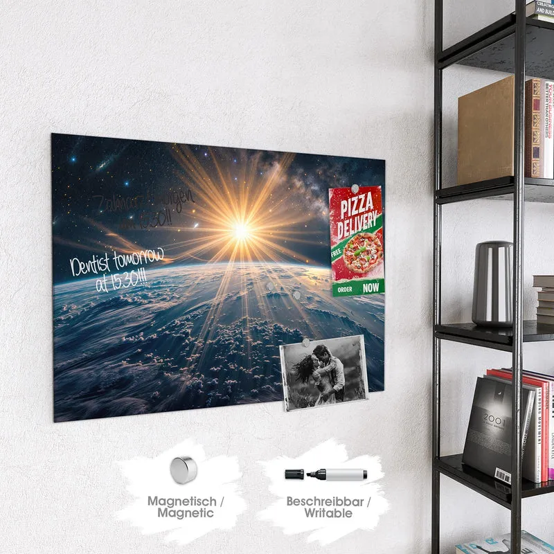 Glas Magnettafel - Sonne über blauer Erde