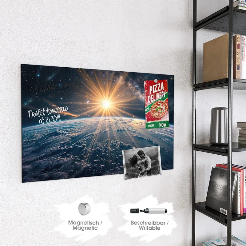 Glas Magnettafel - Sonne über blauer Erde