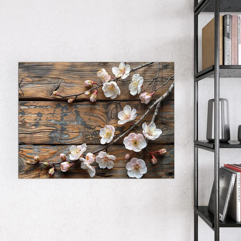 Glas Magnettafel - Kirschblüten auf Altholz