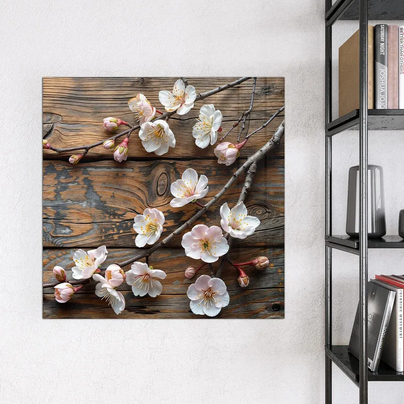 Glas Magnettafel - Kirschblüten auf Altholz