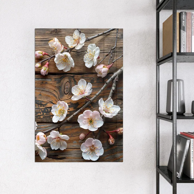 Glas Magnettafel - Kirschblüten auf Altholz