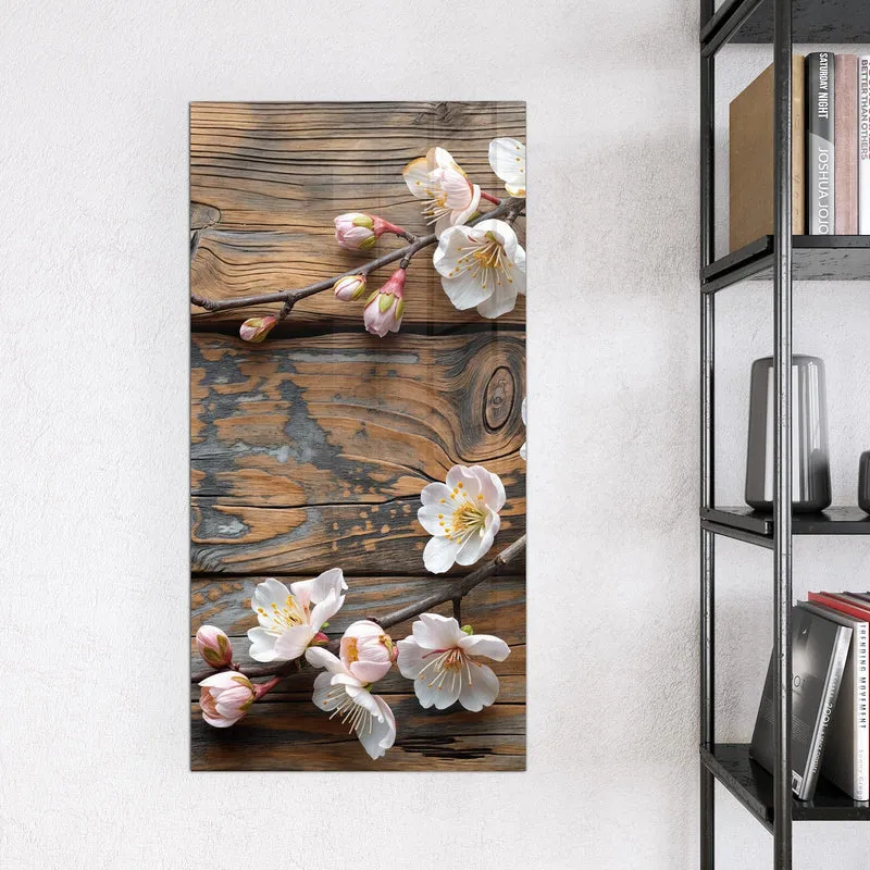 Glas Magnettafel - Kirschblüten auf Altholz
