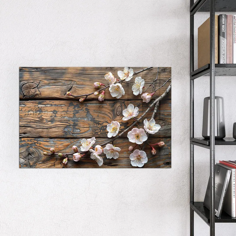 Glas Magnettafel - Kirschblüten auf Altholz