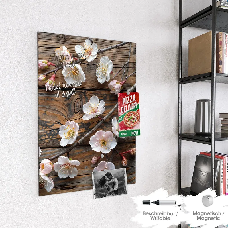 Glas Magnettafel - Kirschblüten auf Altholz