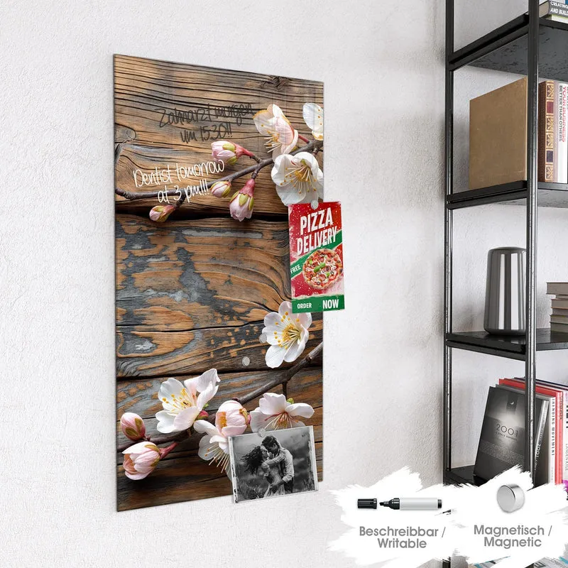 Glas Magnettafel - Kirschblüten auf Altholz