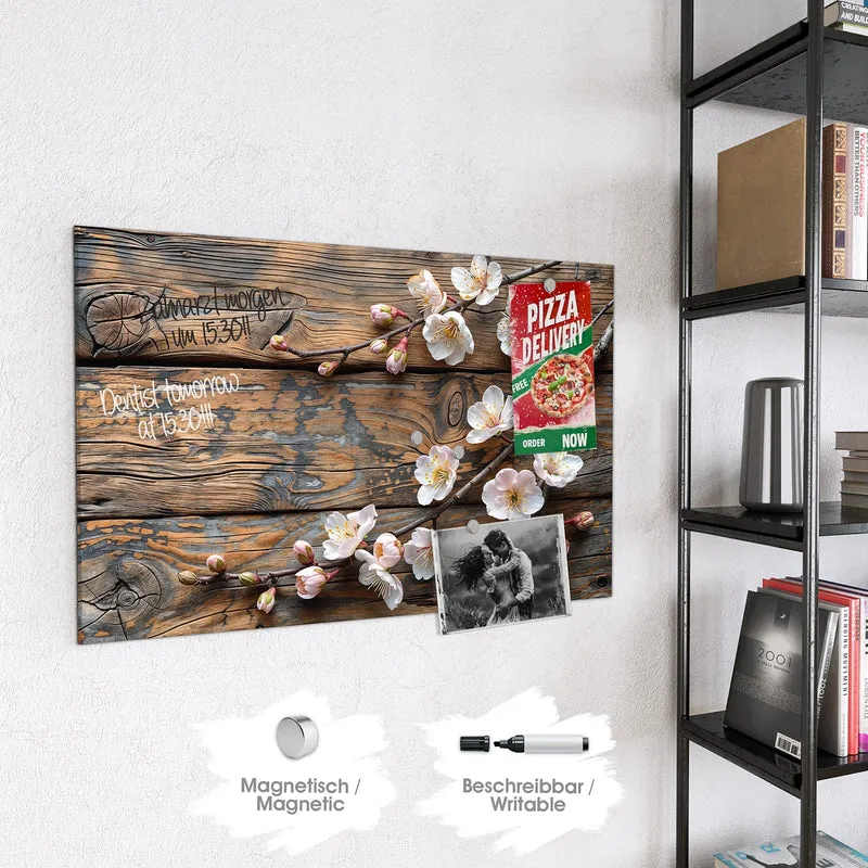 Glas Magnettafel - Kirschblüten auf Altholz