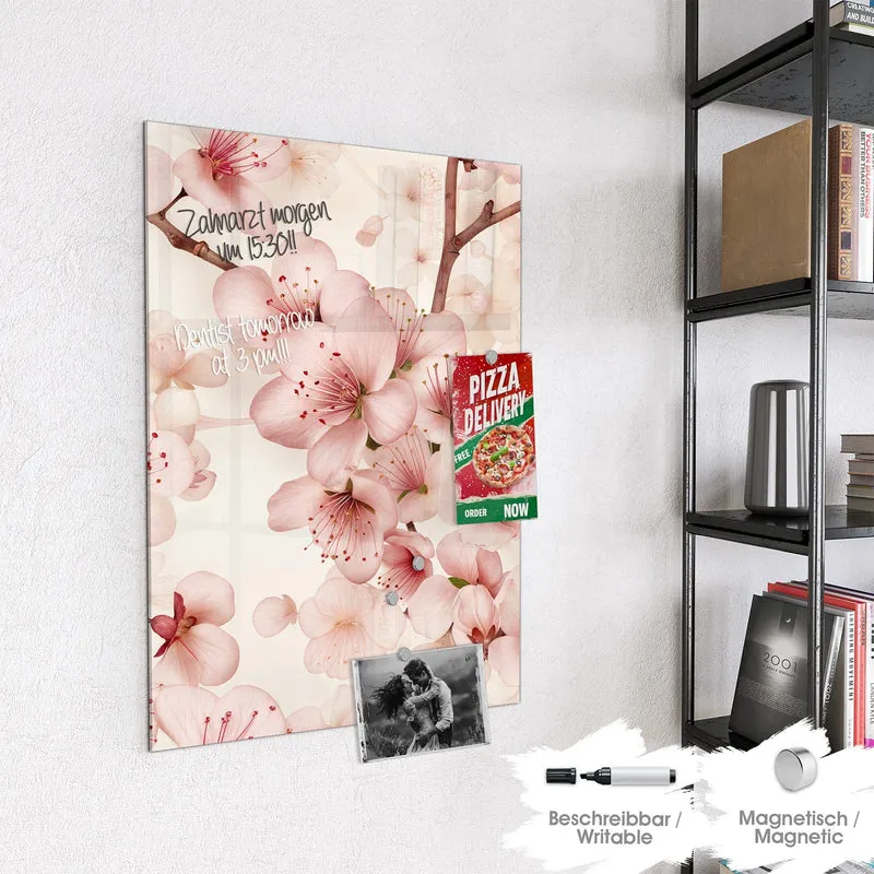Glas Magnettafel - Kirschblüten auf Creme
