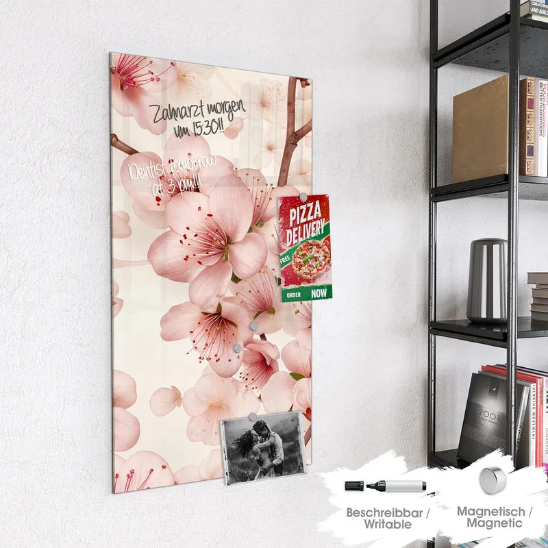 Glas Magnettafel - Kirschblüten auf Creme