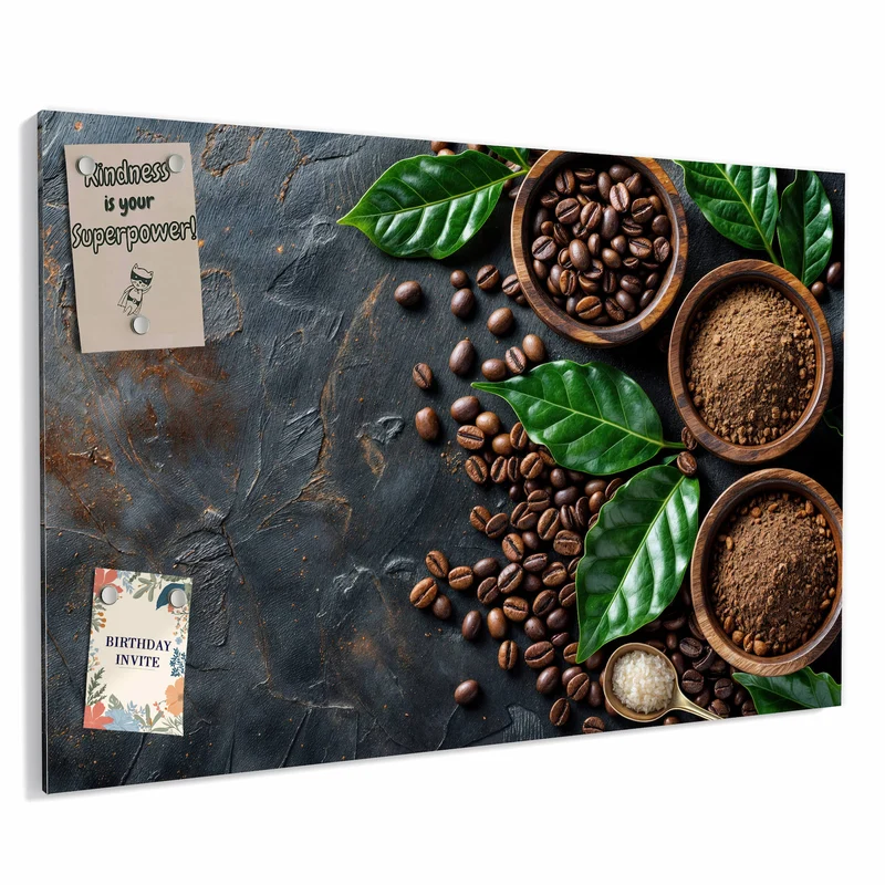 Metall Magnettafel - Kaffeebohnen und Blätter