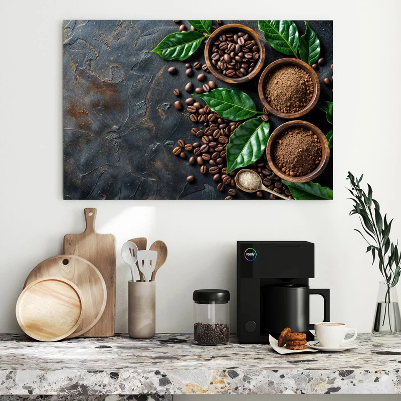 Metall Magnettafel - Kaffeebohnen und Blätter