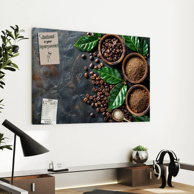 Metall Magnettafel - Kaffeebohnen und Blätter