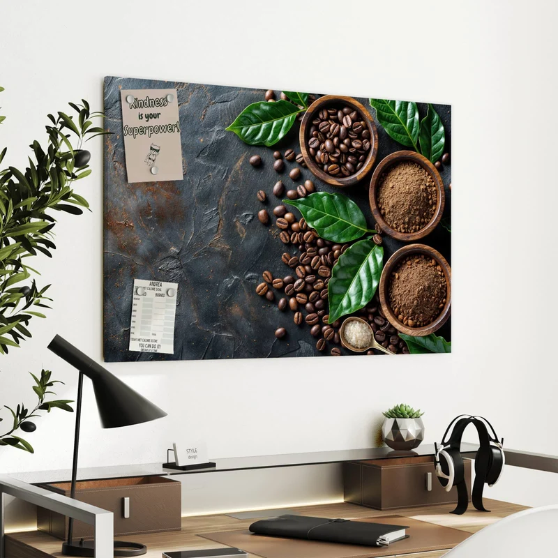 Metall Magnettafel - Kaffeebohnen und Blätter