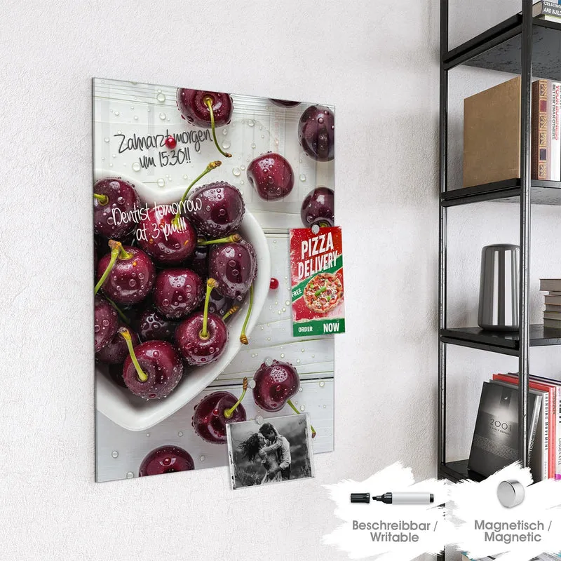 Glas Magnettafel - Kirschen in Herzschale