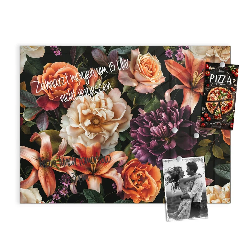 Glas Magnettafel - Lilien und Rosen