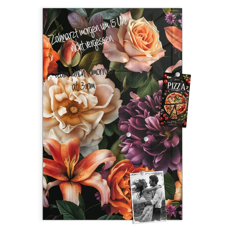 Glas Magnettafel - Lilien und Rosen