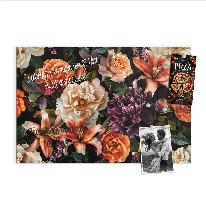 Glas Magnettafel - Lilien und Rosen