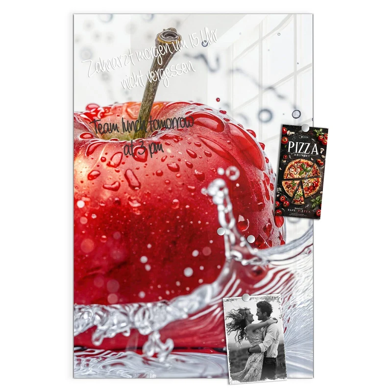 Glas Magnettafel - Roter Apfel im Spritzer