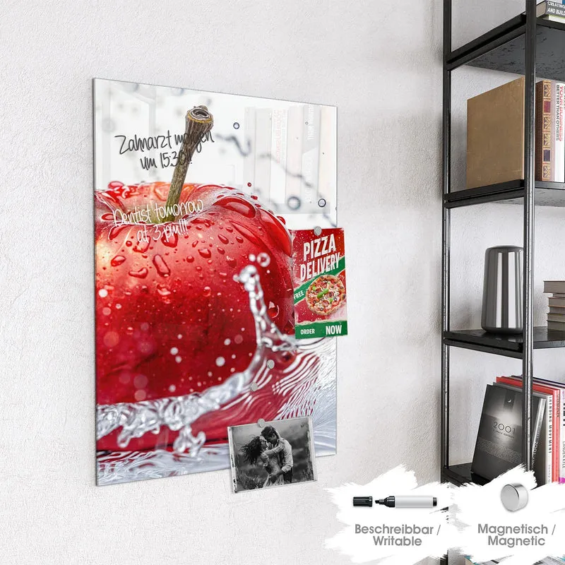 Glas Magnettafel - Roter Apfel im Spritzer