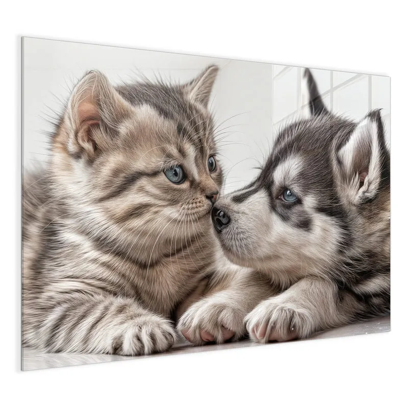 Glas Magnettafel - Husky und Kätzchen