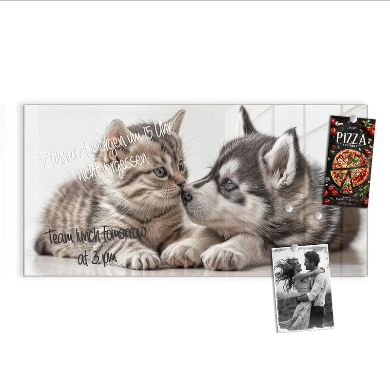 Glas Magnettafel - Husky und Kätzchen