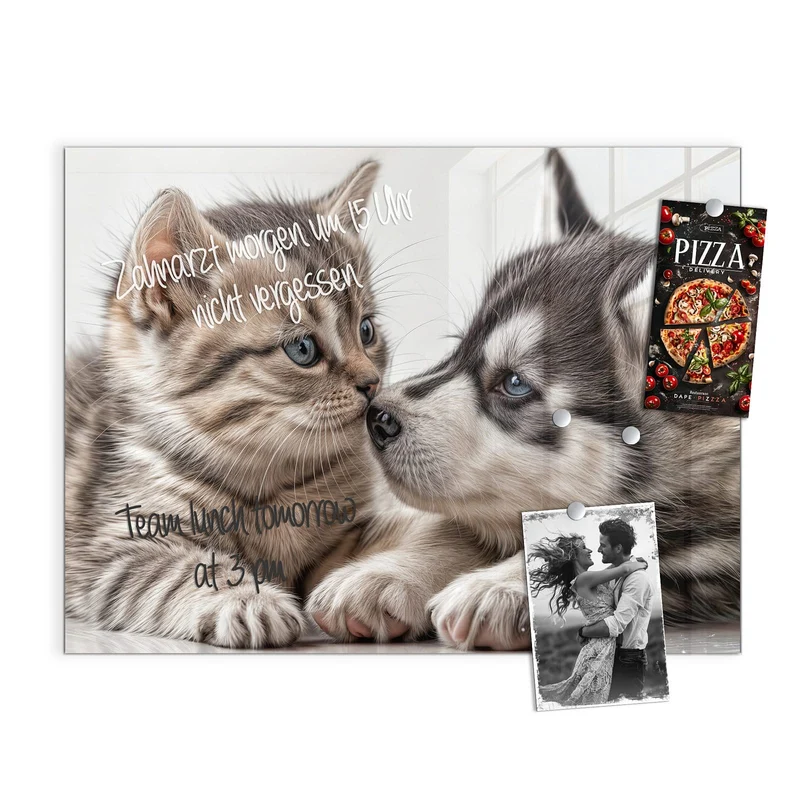 Glas Magnettafel - Husky und Kätzchen