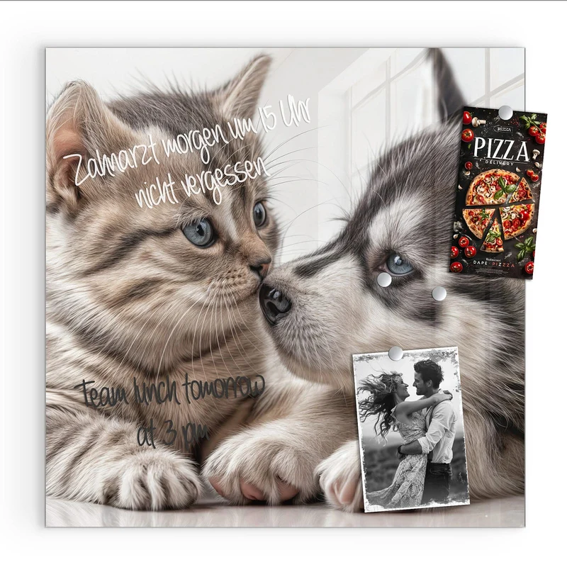 Glas Magnettafel - Husky und Kätzchen