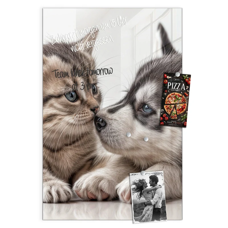 Glas Magnettafel - Husky und Kätzchen
