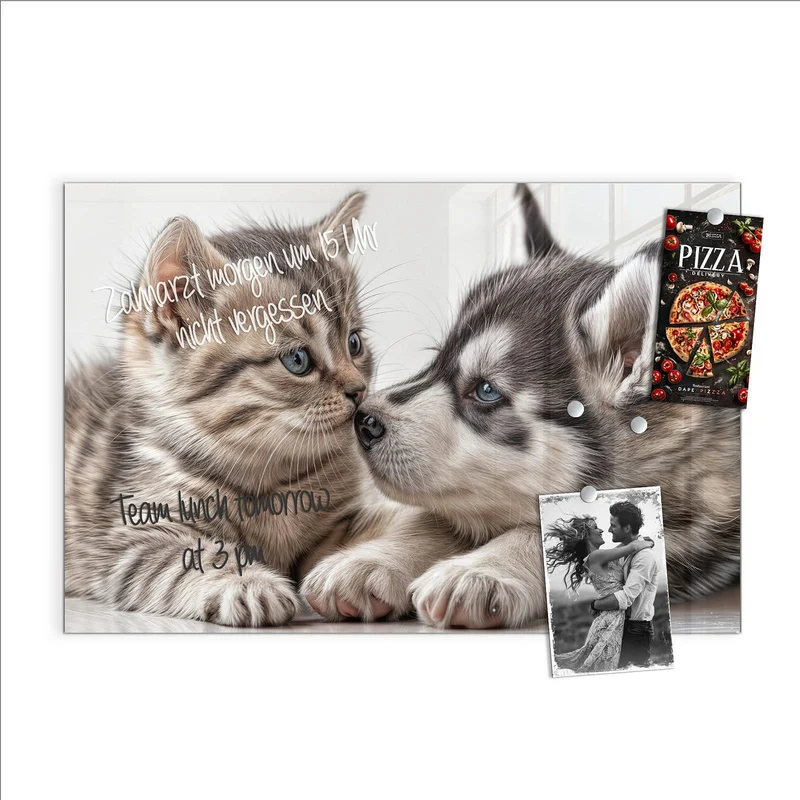 Glas Magnettafel - Husky und Kätzchen