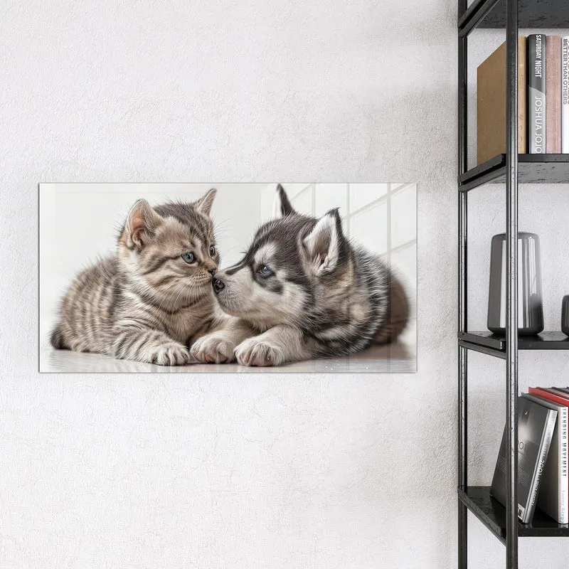 Glas Magnettafel - Husky und Kätzchen