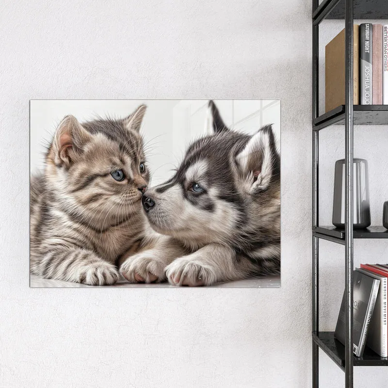Glas Magnettafel - Husky und Kätzchen