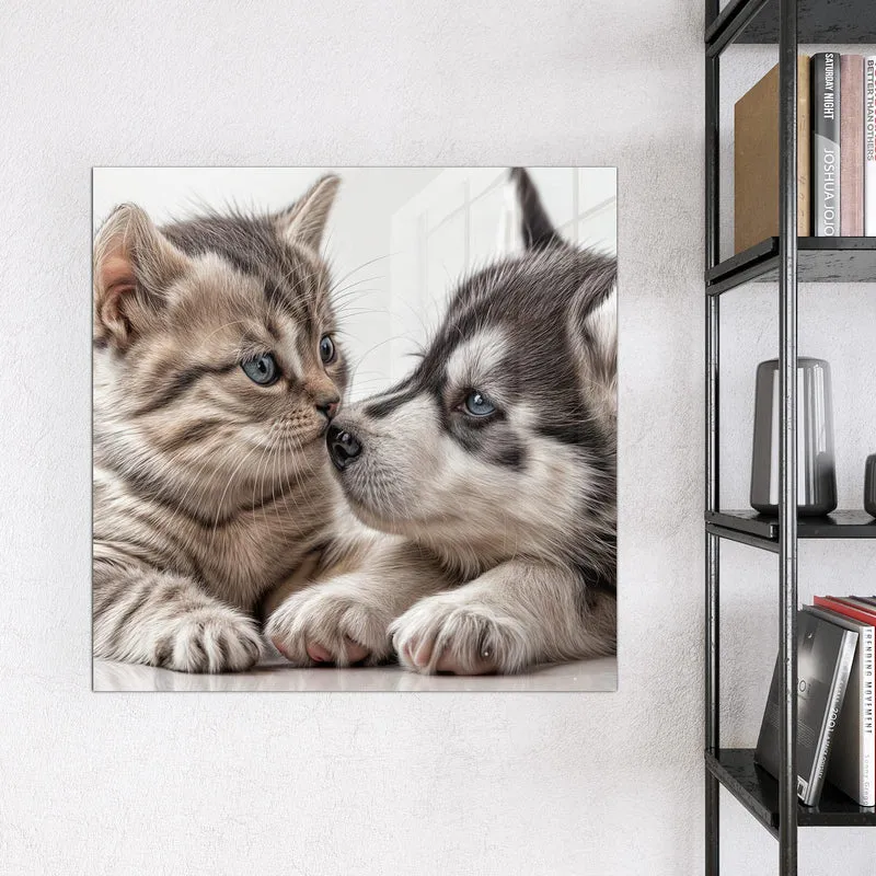 Glas Magnettafel - Husky und Kätzchen