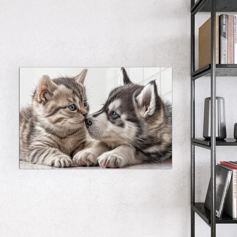 Glas Magnettafel - Husky und Kätzchen