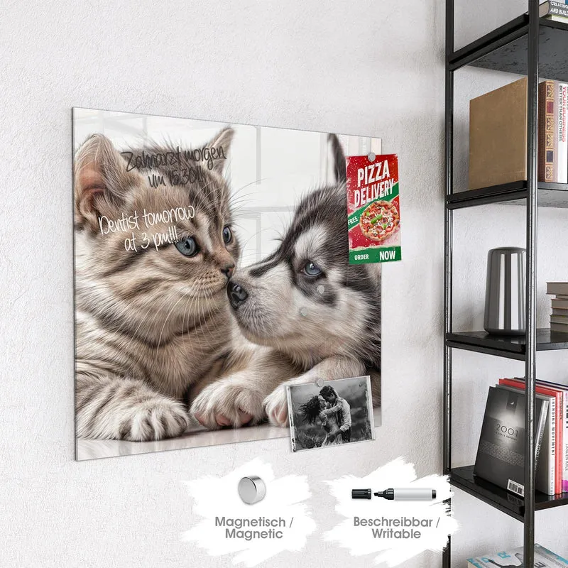 Glas Magnettafel - Husky und Kätzchen